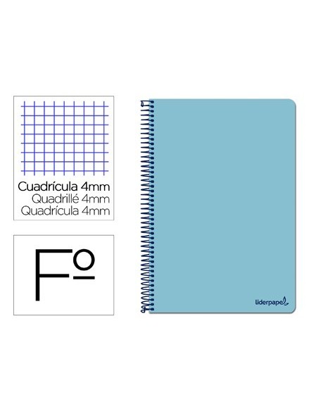 CUADERNO ESPIRAL LIDERPAPEL FOLIO SMART TAPA BLANDA 80H 60GR CUADRO 4MM CON MARGEN COLOR CELESTE