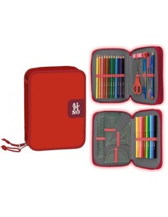 PLUMIER ESCOLAR ALPINO PEQUEÑO DOBLE CREMALLERA ROJO 33 PIEZAS