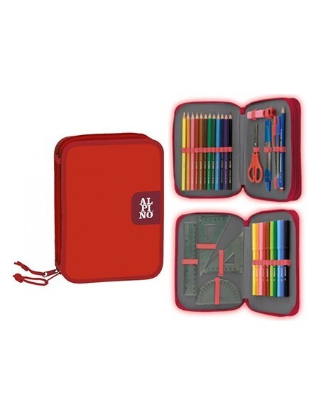 PLUMIER ESCOLAR ALPINO PEQUEÑO DOBLE CREMALLERA ROJO 33 PIEZAS