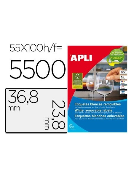 ETIQUETA ADHESIVA APLI 36,8X23,8 MM FOTOCOPIADORA LASER INKJET CAJA 100 HOJAS DIN A4 CON 5500 ETIQUETAS