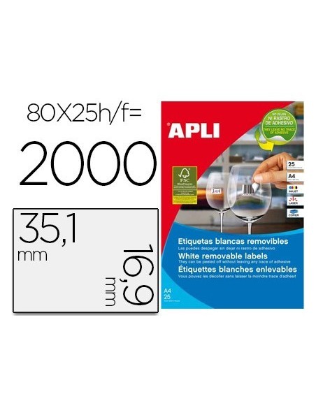 ETIQUETA ADHESIVA APLI 35,6X16,9 MM FOTOCOPIADORA LASER INKJET CAJA 25 HOJAS DIN A4 CON 2000 ETIQUETAS