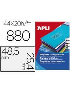 ETIQUETA ADHESIVA APLI TRANSPARENTE 48,5X25,4 MM FOTOCOPIA LASER INKJET CAJA 20 HOJAS DIN A4 CON 880