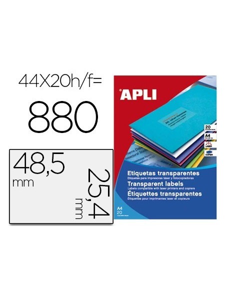 ETIQUETA ADHESIVA APLI TRANSPARENTE 48,5X25,4 MM FOTOCOPIA LASER INKJET CAJA 20 HOJAS DIN A4 CON 880