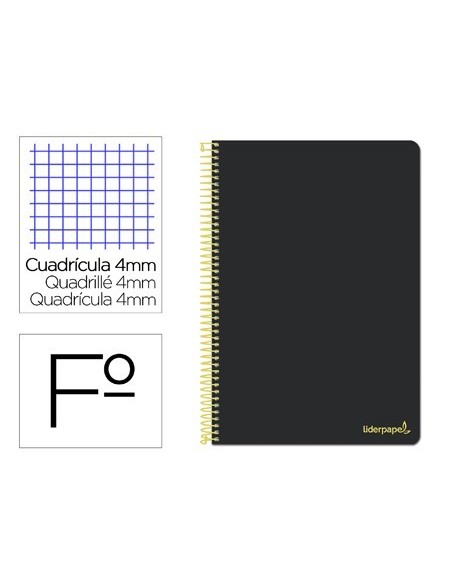 CUADERNO ESPIRAL LIDERPAPEL FOLIO SMART TAPA BLANDA 80H 60GR CUADRO 4MM CON MARGEN COLOR NEGRO