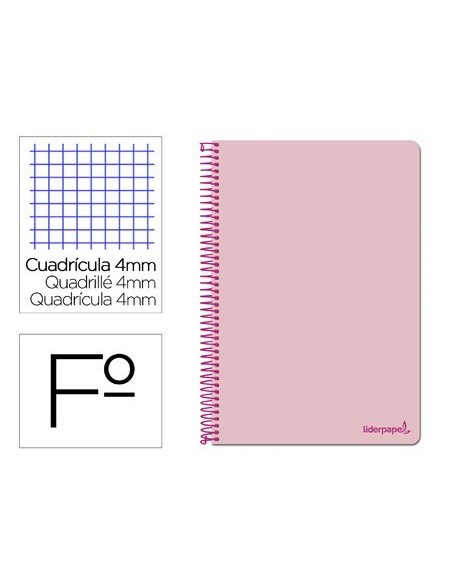 CUADERNO ESPIRAL LIDERPAPEL FOLIO SMART TAPA BLANDA 80H 60GR CUADRO 4MM CON MARGEN COLOR ROSA