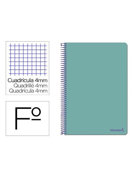 CUADERNO ESPIRAL LIDERPAPEL FOLIO SMART TAPA BLANDA 80H 60GR CUADRO 4MM CON MARGEN COLOR TURQUESA