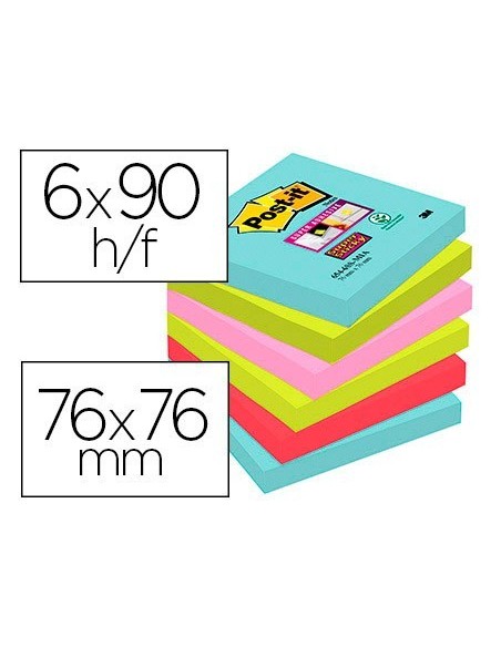 BLOC DE NOTAS ADHESIVAS QUITA Y PON POST-IT SUPER STICKY 76X76 MM CON 90 HOJAS PACK DE 6 UNIDADES COLORES MIAMI