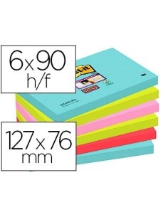 BLOC DE NOTAS ADHESIVAS QUITA Y PON POST-IT SUPER STICKY 76X127 MM CON 90 HOJAS PACK DE 6 UNIDADES COLORES MIAMI