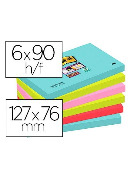 BLOC DE NOTAS ADHESIVAS QUITA Y PON POST-IT SUPER STICKY 76X127 MM CON 90 HOJAS PACK DE 6 UNIDADES COLORES MIAMI