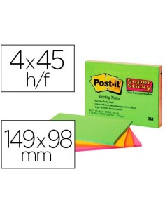BLOC DE NOTAS ADHESIVAS QUITA Y PON POST-IT SUPER STICKY 149X98 MM CON 45 HOJAS PACK DE 4 UNIDADES COLORES NEON