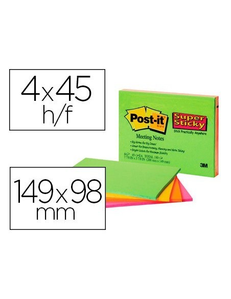 BLOC DE NOTAS ADHESIVAS QUITA Y PON POST-IT SUPER STICKY 149X98 MM CON 45 HOJAS PACK DE 4 UNIDADES COLORES NEON