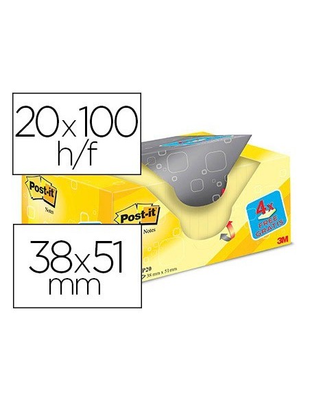 BLOC DE NOTAS ADHESIVAS QUITA Y PON POST-IT SUPER STICKY AMARILLO CANARIO 38X51 MM PACK PROMOCIONAL 16+4 GRATIS