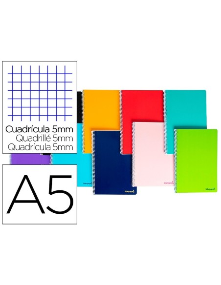 CUADERNO ESPIRAL LIDERPAPEL A5 MICRO SMART TAPA BLANDA 80H60GR CUADRO 5MM 6 TALADROS COLORES SURTIDOS