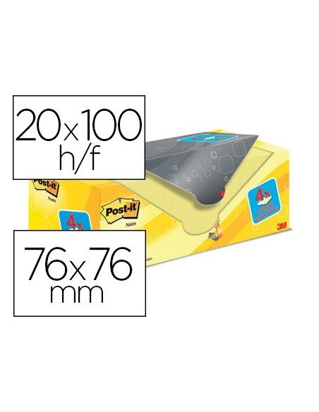 BLOC DE NOTAS ADHESIVAS QUITA Y PON POST-IT SUPER STICKY AMARILLO CANARIO 76X76 MM PACK PROMOCIONAL 16+4 GRATIS