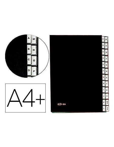 CARPETA CLASIFICADORA FUELLE PARDO CARTON COMPACTO FOLIO 24 DEPARTAMENTOS VISOR DOBLE PERSONALIZABLES COLOR NEGRO