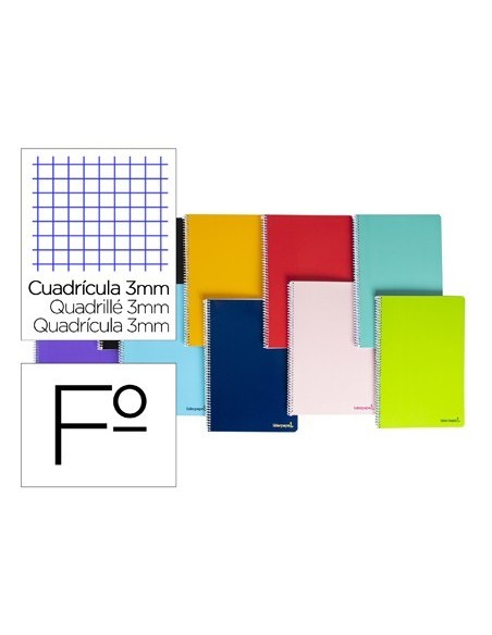 CUADERNO ESPIRAL LIDERPAPEL FOLIO SMART TAPA BLANDA 80H 60GR CUADRO 3 MM CON MARGEN COLORES SURTIDOS