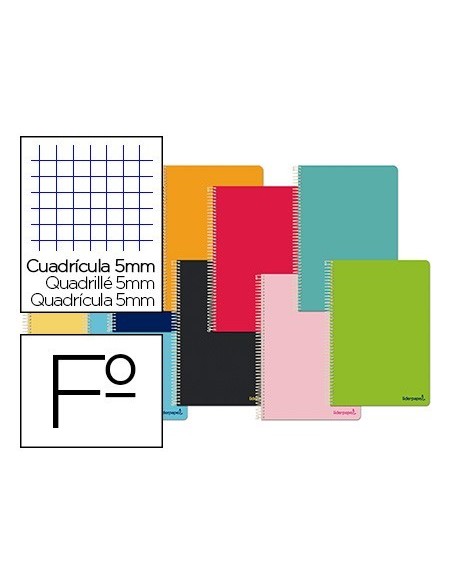 CUADERNO ESPIRAL LIDERPAPEL FOLIO SMART TAPA BLANDA 80H 60GR CUADRO 5 MM CON MARGEN COLORES SURTIDOS
