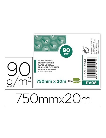 PAPEL DIBUJO LIDERPAPEL 750MMX20M 90G/M2 VEGETAL ROLLO