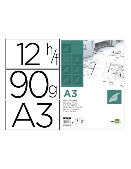 PAPEL DIBUJO LIDERPAPEL A3 297X420MM 90G/M2 VEGETAL SOBRE DE 12 HOJAS