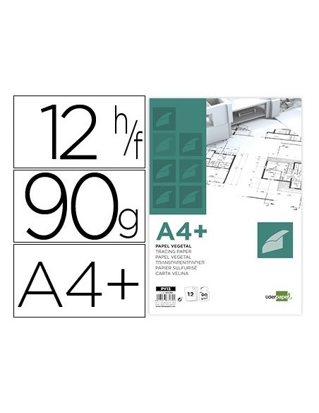 PAPEL DIBUJO LIDERPAPEL A4+ 320X240MM 90G/M2 VEGETAL SOBRE DE 12 HOJAS