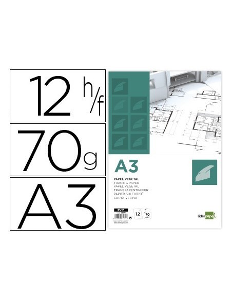 PAPEL DIBUJO LIDERPAPEL A3 297X420MM 70G/M2 VEGETAL SOBRE DE 12 HOJAS