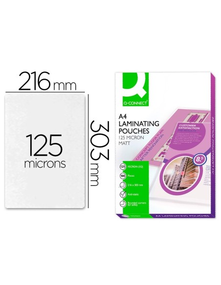 BOLSA DE PLASTIFICAR Q-CONNECT 303 X 216 MM 125 MC DIN A4 MATE SIN REFLEJOS CAJA DE 100 UNIDADES