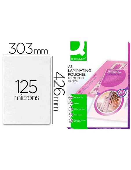 BOLSA DE PLASTIFICAR Q-CONNECT 303 X 426 MM 125 MC DIN A3 CAJA DE 100 UNIDADES