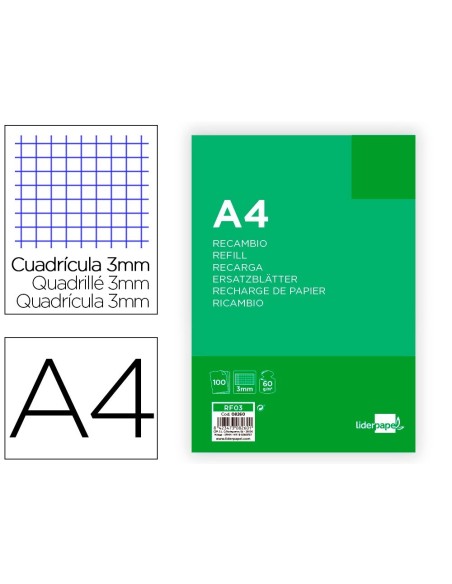 RECAMBIO LIDERPAPEL A4 100 HOJAS 60G/M2 CUADRO 3 MM CON MARGEN 4 TALADROS