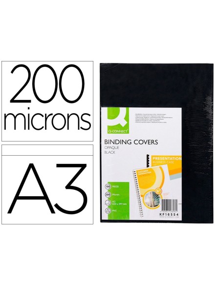 TAPA DE ENCUADERNACION Q-CONNECT PVC DIN A3 OPACA NEGRA 200 MC CAJA DE 100 UNIDADES