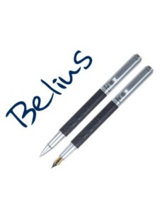 JUEGO BOLIGRAFO Y PLUMA BELIUS ZADAR NEGRO CUERPO SIMIL PIEL Y DETALLES CROMADOS SATINADOS EN ESTUCHE