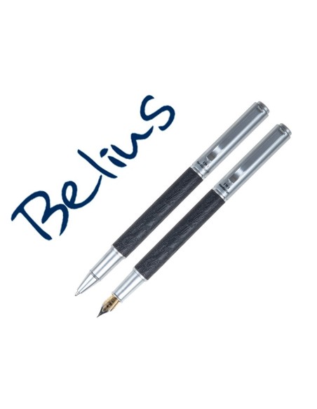 JUEGO BOLIGRAFO Y PLUMA BELIUS ZADAR NEGRO CUERPO SIMIL PIEL Y DETALLES CROMADOS SATINADOS EN ESTUCHE