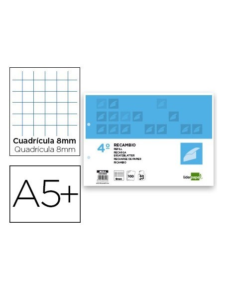 RECAMBIO LIDERPAPEL CUARTO APAISADO 100 H 2TCA-08 CUADRO 8 MM 2 TALADROS CON MARGEN