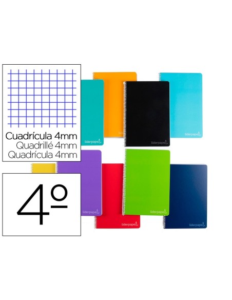 CUADERNO ESPIRAL LIDERPAPEL CUARTO WITTY TAPA DURA 80H 75GR CUADRO 4MM CON MARGEN COLORES SURTIDOS