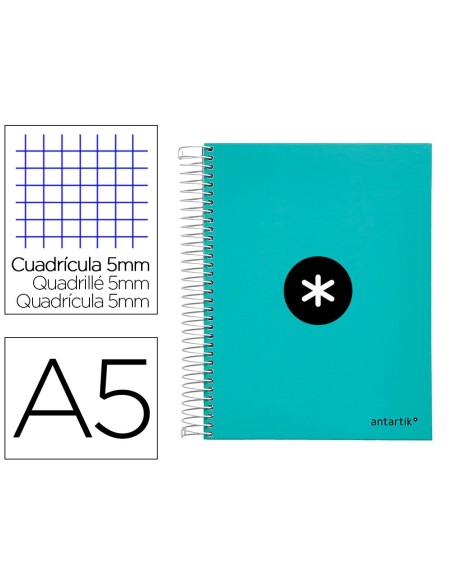 CUADERNO ESPIRAL LIDERPAPEL A5 MICRO ANTARTIK TAPA FORRADA120H 100 GR CUADRO 5 MM 5 BAND6 TALADROS COLOR MENTA