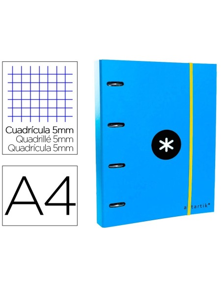 CARPETA CON RECAMBIO Y SOLAPA LIDERPAPEL ANTARTIK A4 CUADRO 5 MM FORRADA 4 ANILLAS REDONDAS 40MM COLOR AZUL