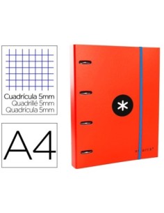 CARPETA CON RECAMBIO Y SOLAPA LIDERPAPEL ANTARTIK A4 CUADRO 5 MM FORRADA 4 ANILLAS REDONDAS 40MM COLOR ROJO