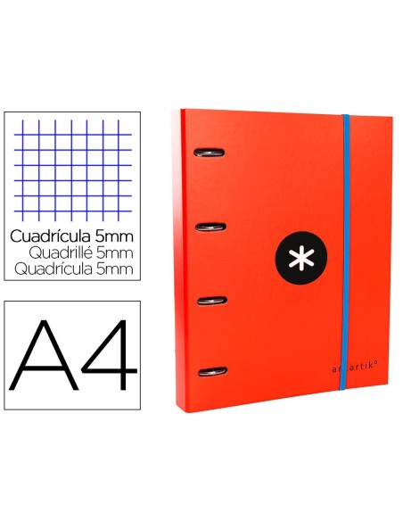 CARPETA CON RECAMBIO Y SOLAPA LIDERPAPEL ANTARTIK A4 CUADRO 5 MM FORRADA 4 ANILLAS REDONDAS 40MM COLOR ROJO
