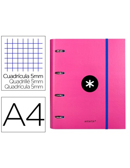 CARPETA CON RECAMBIO LIDERPAPEL ANTARTIK A4 CUADRO 5 MM FORRADA 4 ANILLAS REDONDAS 40MM COLOR ROSA