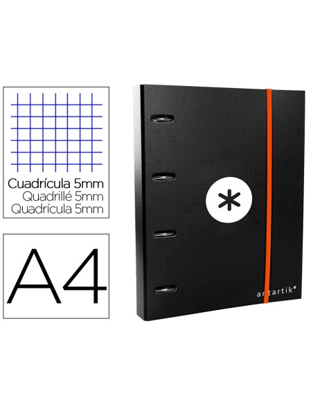 CARPETA CON RECAMBIO Y SOLAPA LIDERPAPEL ANTARTIK A4 CUADRO 5 MM FORRADA 4 ANILLAS REDONDAS 40MM COLOR NEGRA