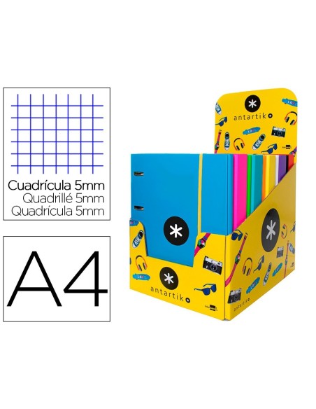 CARPETA CON RECAMBIO LIDERPAPEL ANTARTIK A4 CUADRO 5 MM FORRADA 4 ANILLAS 25MM COLORES SURTIDOS