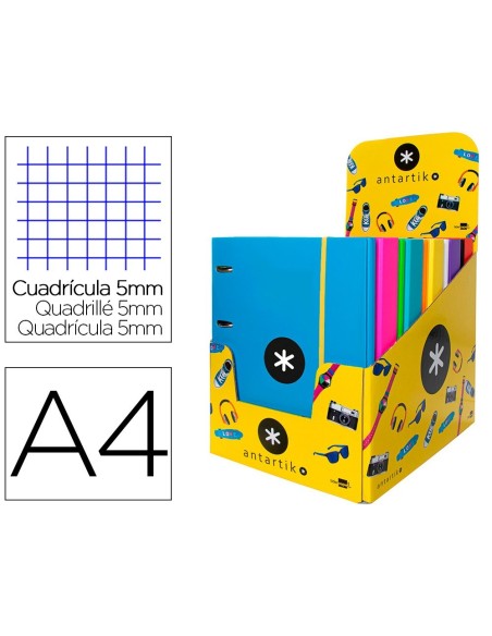 CARPETA CON RECAMBIO Y SOLAPA LIDERPAPEL ANTARTIK A4 CUADRO 5MM FORRADA 4 ANILLAS REDONDAS 40MM COLORES SURTIDOS