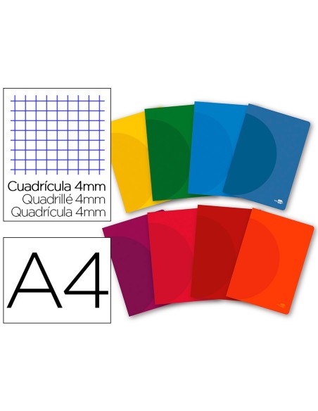LIBRETA LIDERPAPEL 360 TAPA DE PLASTICO A4 48 HOJAS 90G/M2 CUADRO 4MM CON MARGEN COLORES SURTIDOS