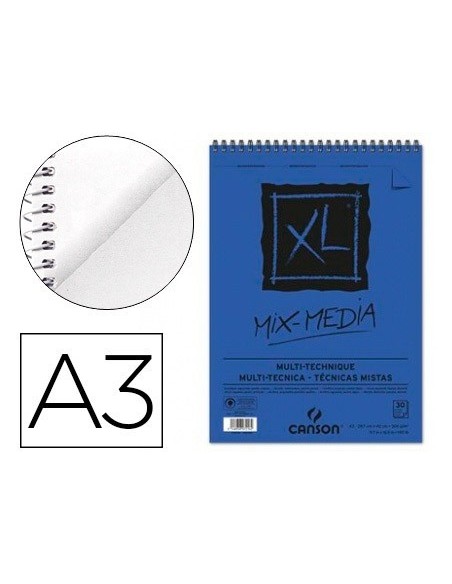 BLOC DIBUJO ACUARELA CANSON XL MIX MEDIA GRANO MEDIO DIN A3 MICROPERFORADO ESPIRAL 29,7X42CM 30 HOJAS 300 GR