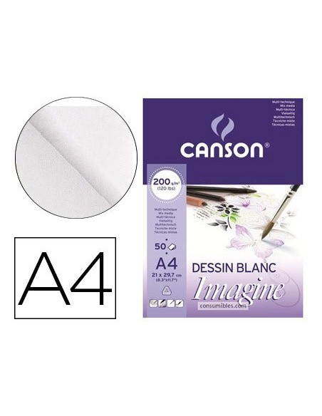 BLOC DIBUJO MULTITECNICAS CANSON IMAGINE DIN A4 ENCOLADO LISO 21X29,7 CM 50 HOJAS 200 GR