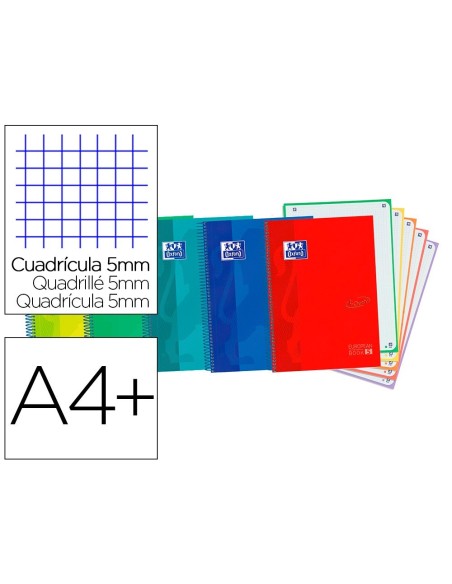 CUADERNO ESPIRAL OXFORD EBOOK 5 TAPA EXTRADURA DIN A4+ 120 H MICROPERFORADAS CUADRO 5 MM COLORES VIVOS SURTIDOS