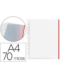 FUNDA MULTITALADRO Q-CONNECT DIN A4 70 MICRAS PP CRISTAL CON BORDE ROJO BOLSA DE 10 UDS