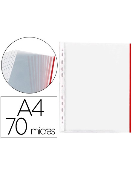 FUNDA MULTITALADRO Q-CONNECT DIN A4 70 MICRAS PP CRISTAL CON BORDE ROJO BOLSA DE 10 UDS