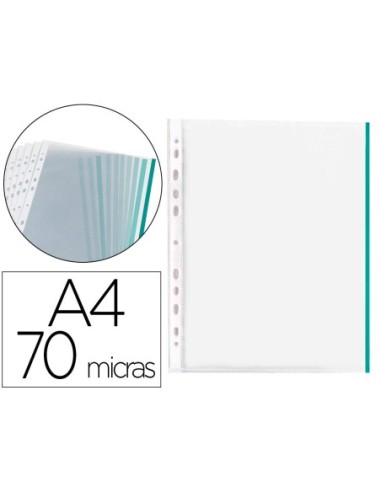 FUNDA MULTITALADRO Q-CONNECT DIN A4 70 MC PP CRISTAL CON BORDE VERDE BOLSA DE 10 UDS
