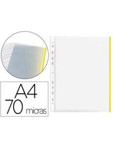 FUNDA MULTITALADRO Q-CONNECT DIN A4 70 MC PP CRISTAL CON BORDE AMARILLO BOLSA DE 10 UDS