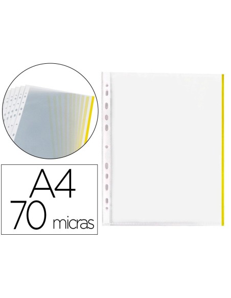 FUNDA MULTITALADRO Q-CONNECT DIN A4 70 MC PP CRISTAL CON BORDE AMARILLO BOLSA DE 10 UDS